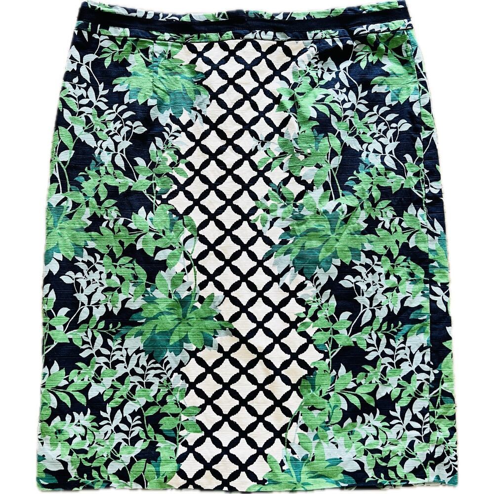 Boden Classic Pencil Skirt Green Navy‎ Botanical Lattice US 10R UK 14R Straight